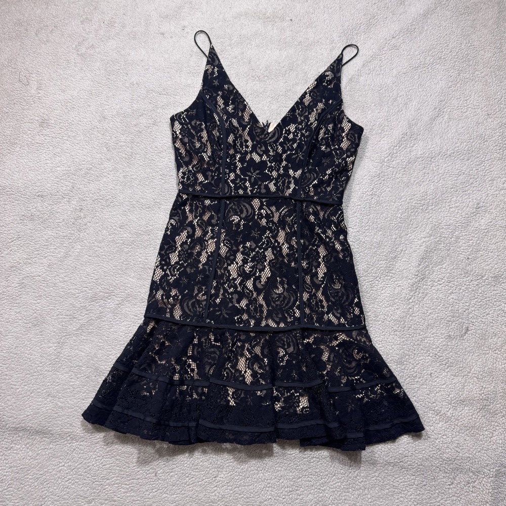 Keepsake Dressโ Womens XS Black Lace Nude Lined Fit Flare Ruffle Cocktail Party